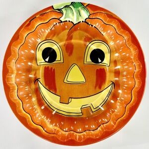 Vintage Halloween Jack O Lantern Orange Round Treat Serving Tray Plastic Pumpkin